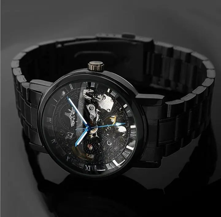 Men's Automatic Mechanical Watch with Black Hollow Steel Band