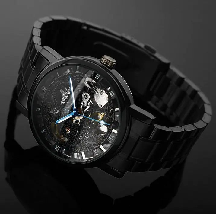 Men's Automatic Mechanical Watch with Black Hollow Steel Band