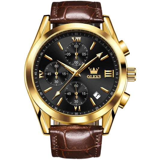 OLEVS Men Watch Brown Leather Gold Case Analog Quartz Fashion Business Dress Gifts Large Face Watches for Men Easy Read Sport Luminous Waterproof Casual Male Wrist Watch Black Dial Reloj para Hombre