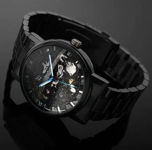Men's Automatic Mechanical Watch with Black Hollow Steel Band